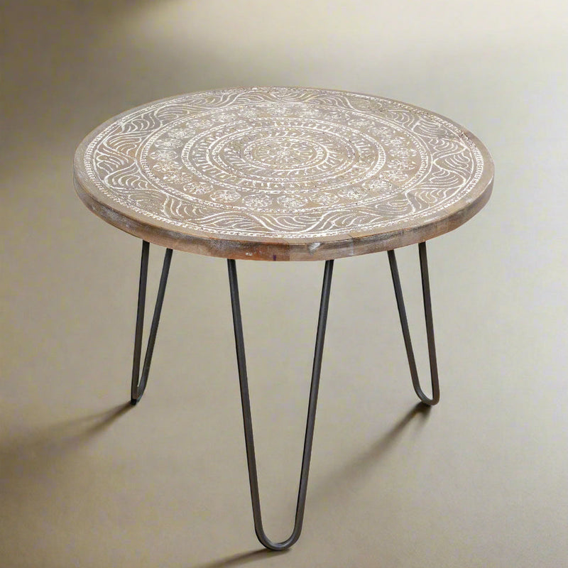 Handcrafted Rajasthani Wooden & Iron Coffee Table – Floral Mandala Carving