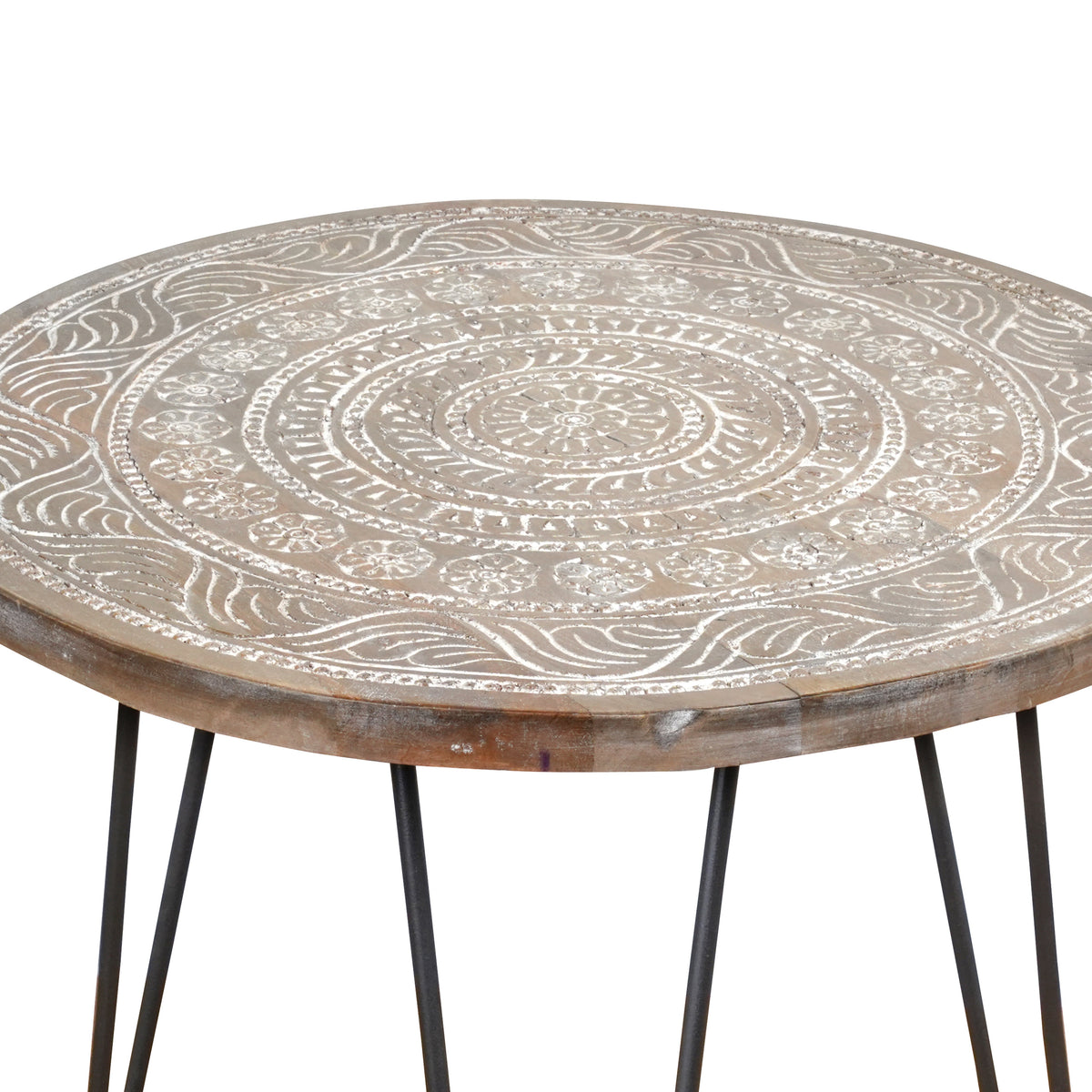 Handcrafted Rajasthani Wooden & Iron Coffee Table – Floral Mandala Carving