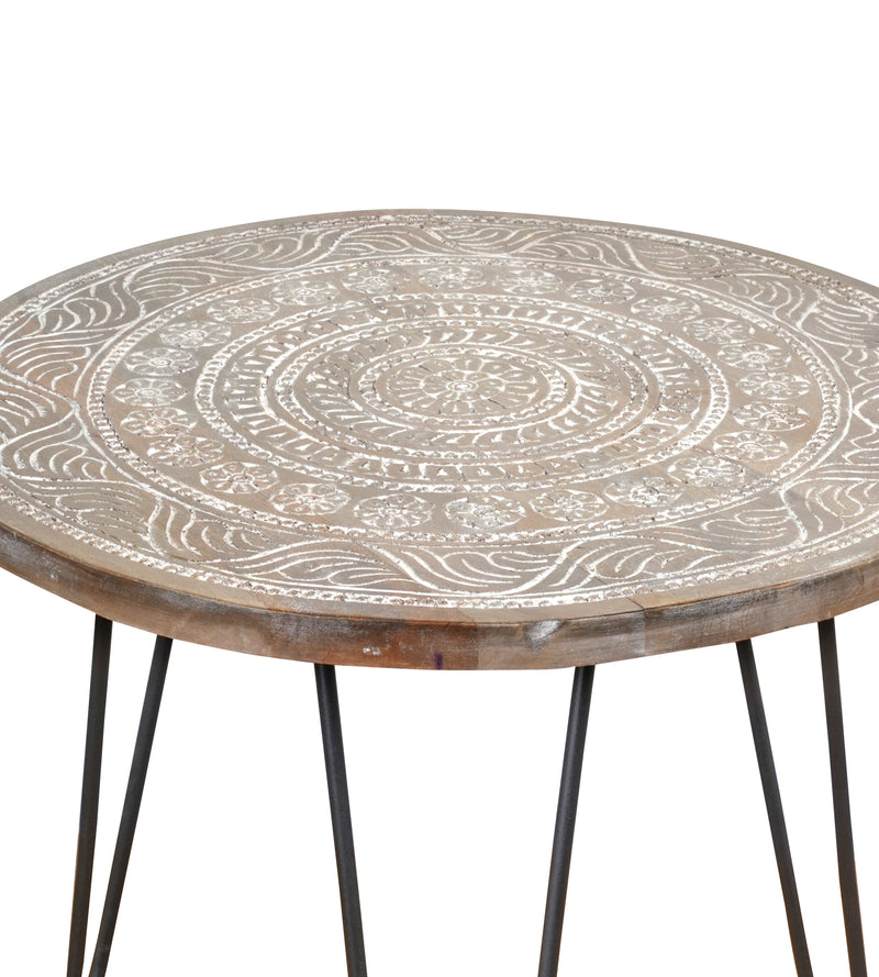 Handcrafted Rajasthani Wooden & Iron Coffee Table – Floral Mandala Carving