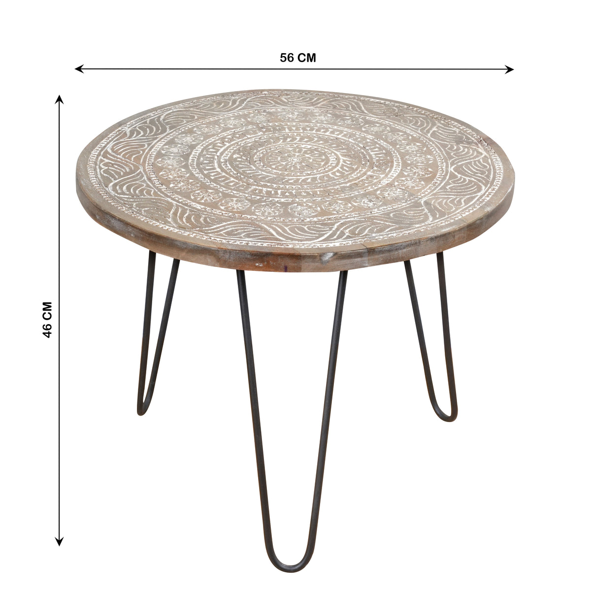 Handcrafted Rajasthani Wooden & Iron Coffee Table – Floral Mandala Carving