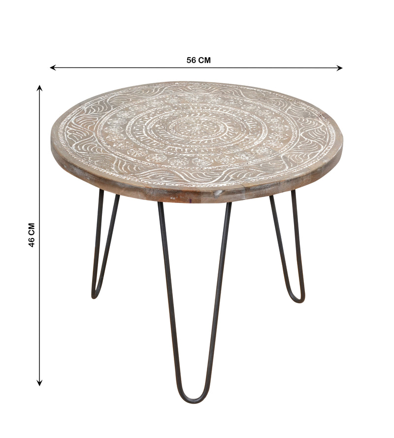 Handcrafted Rajasthani Wooden & Iron Coffee Table – Floral Mandala Carving