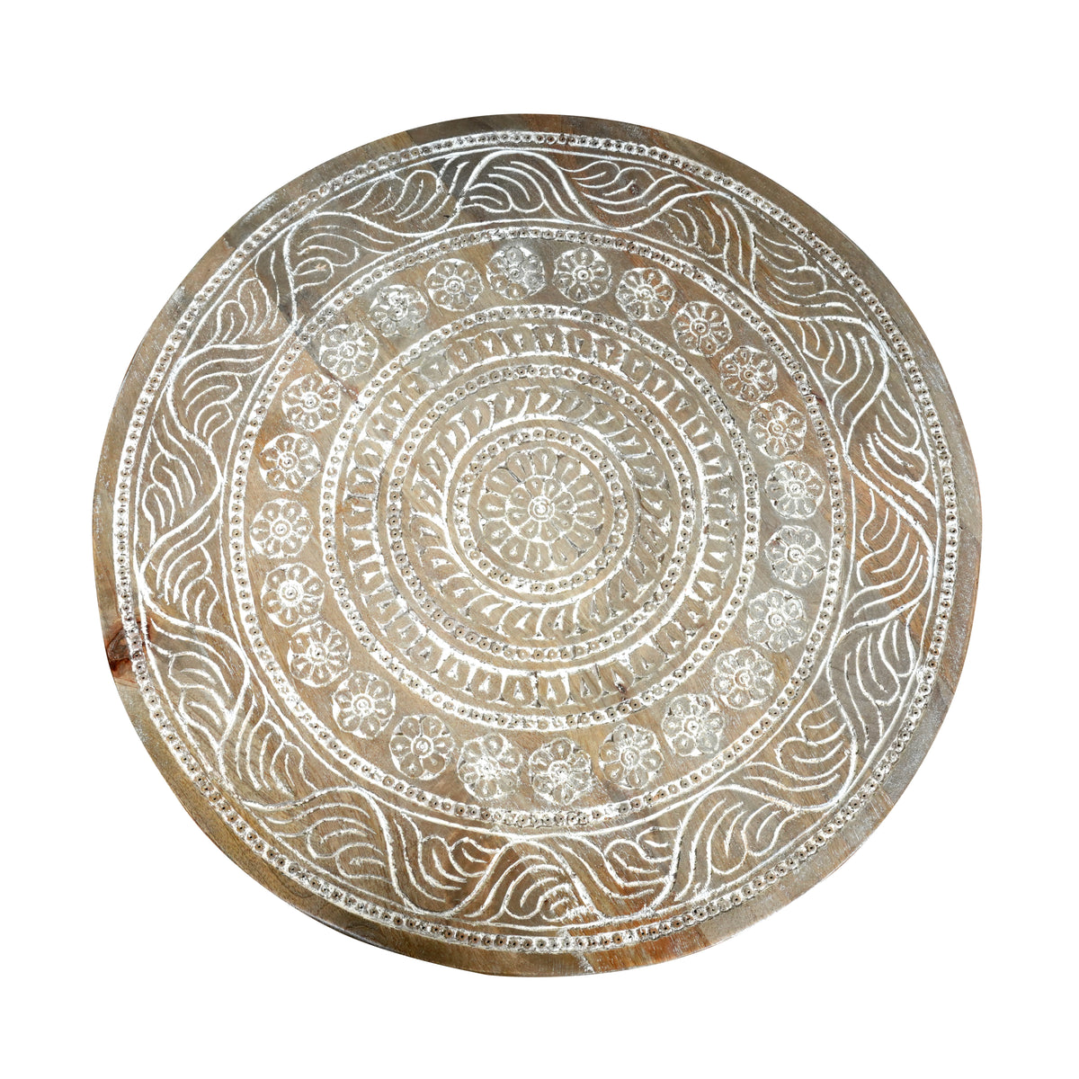 Handcrafted Rajasthani Wooden & Iron Coffee Table – Floral Mandala Carving