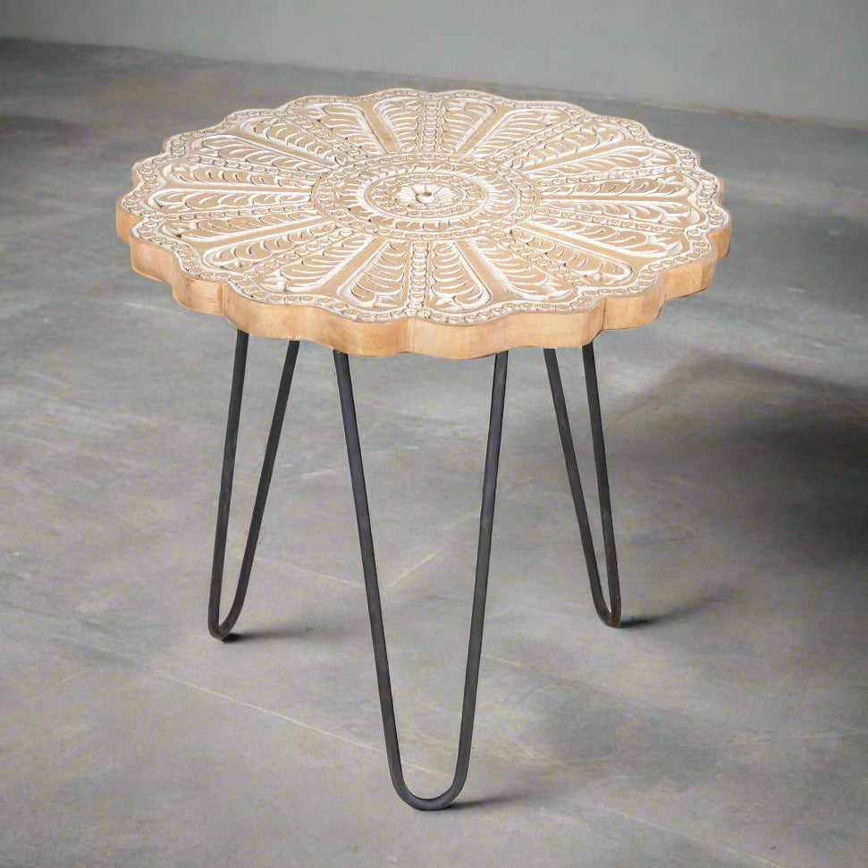 Handcrafted Wooden & Iron Coffee Table – Floral Mandala Carving