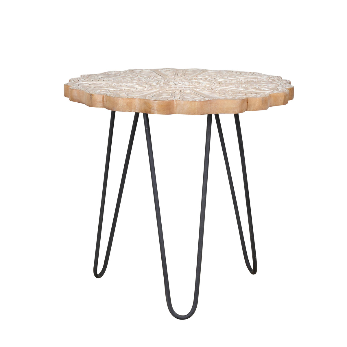 Handcrafted Wooden & Iron Coffee Table – Floral Mandala Carving