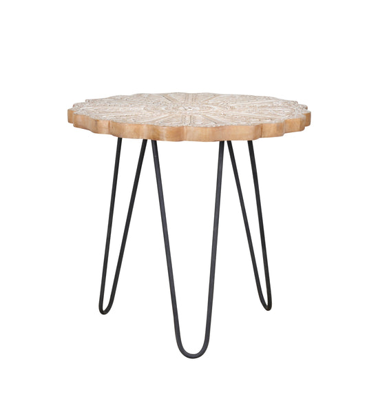 Handcrafted Wooden & Iron Coffee Table – Floral Mandala Carving