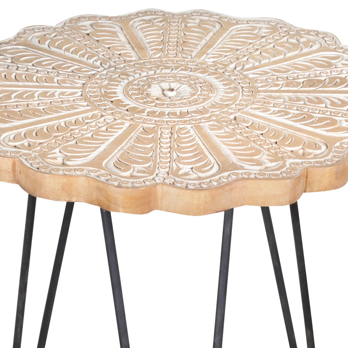 Handcrafted Wooden & Iron Coffee Table – Floral Mandala Carving