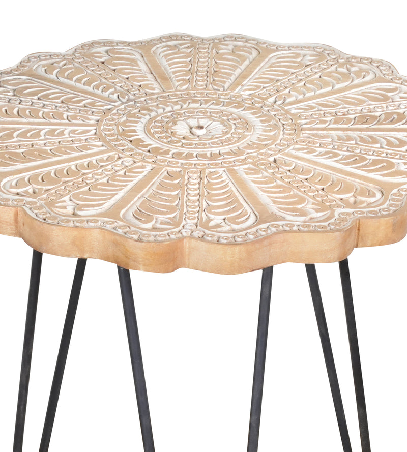 Handcrafted Wooden & Iron Coffee Table – Floral Mandala Carving