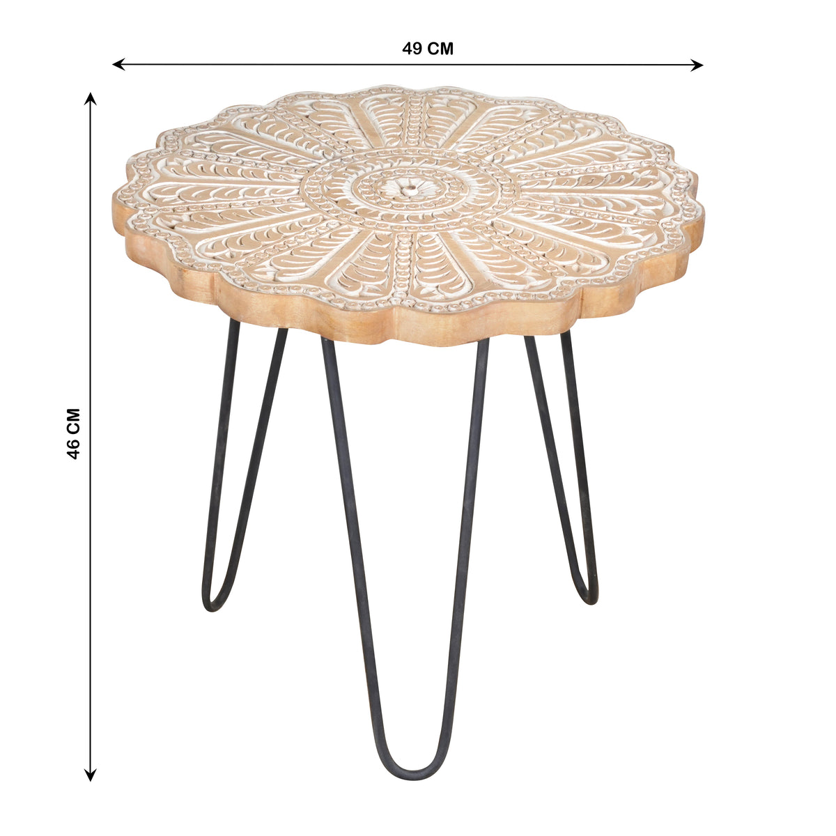 Handcrafted Wooden & Iron Coffee Table – Floral Mandala Carving