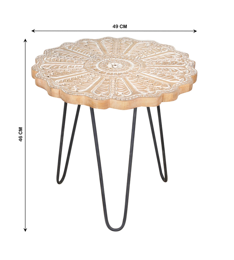 Handcrafted Wooden & Iron Coffee Table – Floral Mandala Carving