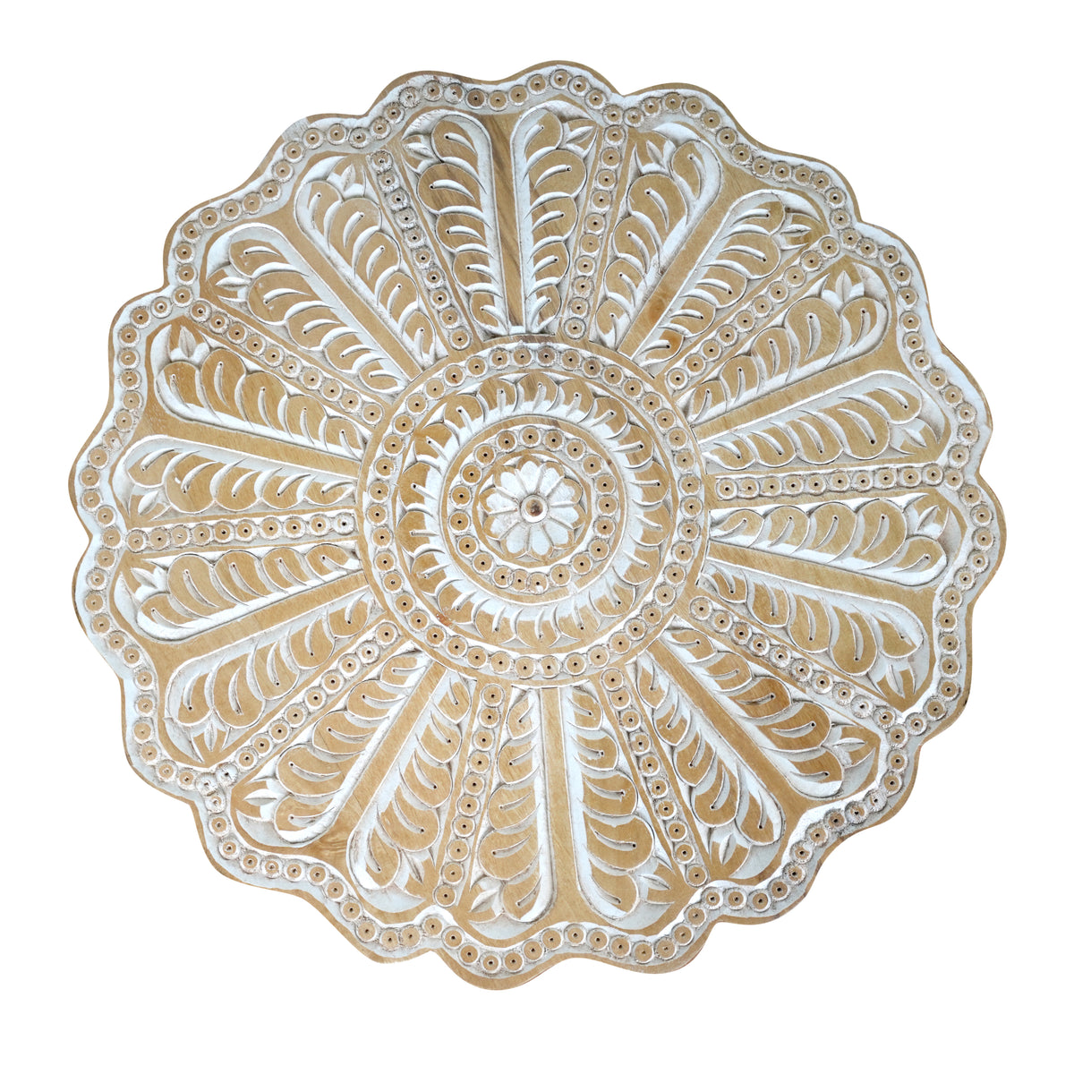 Handcrafted Wooden & Iron Coffee Table – Floral Mandala Carving