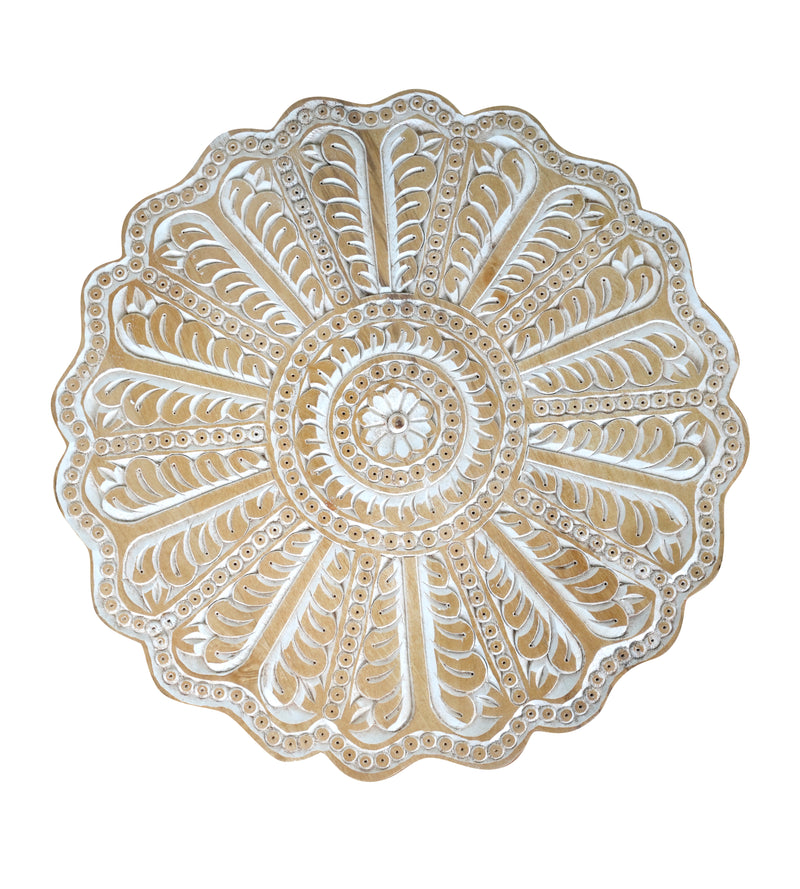 Handcrafted Wooden & Iron Coffee Table – Floral Mandala Carving