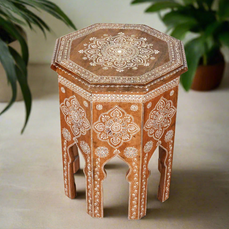 Handcrafted Rajasthani Wooden Octagonal Side Table/Stool – Intricate Detailing