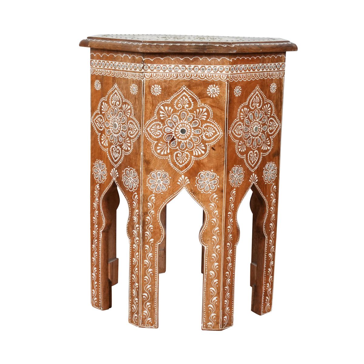 Handcrafted Rajasthani Wooden Octagonal Side Table/Stool – Intricate Detailing