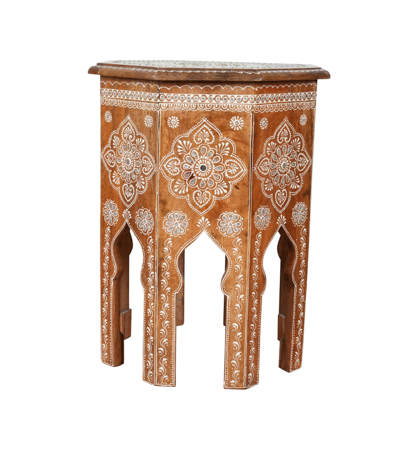 Handcrafted Rajasthani Wooden Octagonal Side Table/Stool – Intricate Detailing