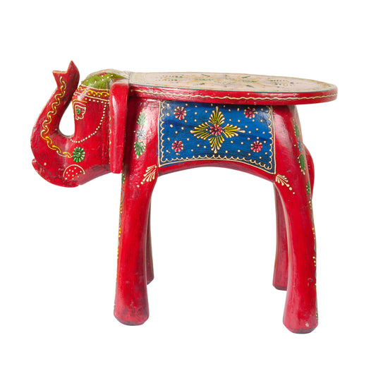 Handcrafted Rajasthani Wooden Elephant Stool - Vibrant & Playful Design