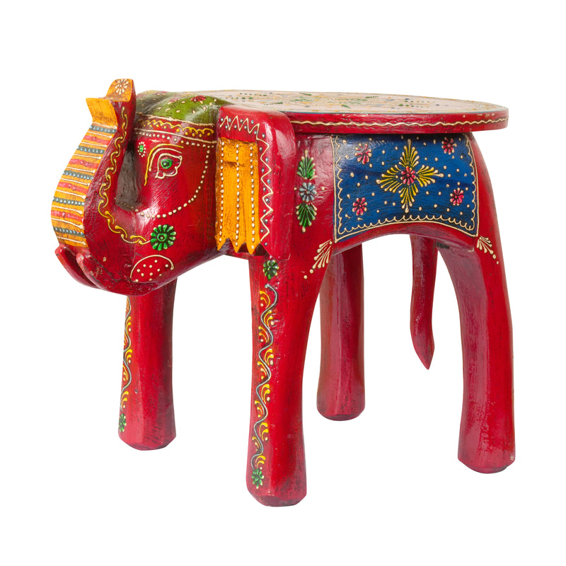 Handcrafted Rajasthani Wooden Elephant Stool - Vibrant & Playful Design