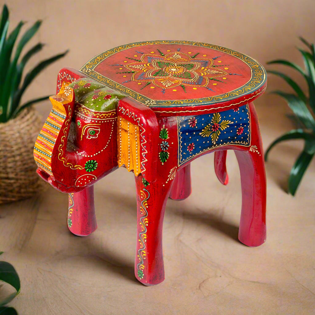 Handcrafted Rajasthani Wooden Elephant Stool - Vibrant & Playful Design