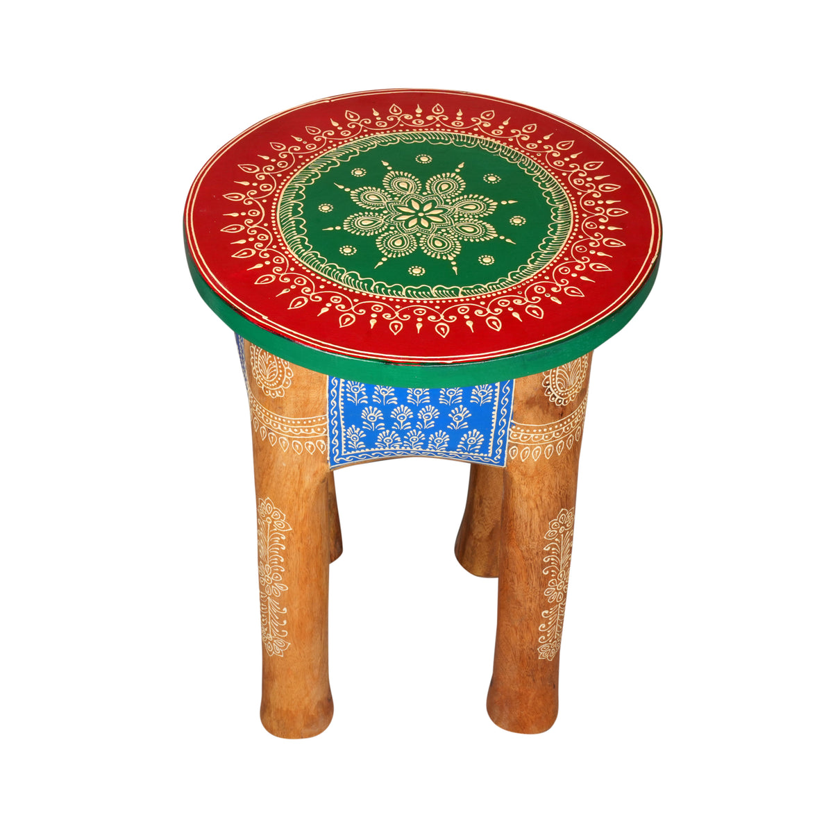 Handcrafted Rajasthani Wooden Stool – Vibrant Enamel Top