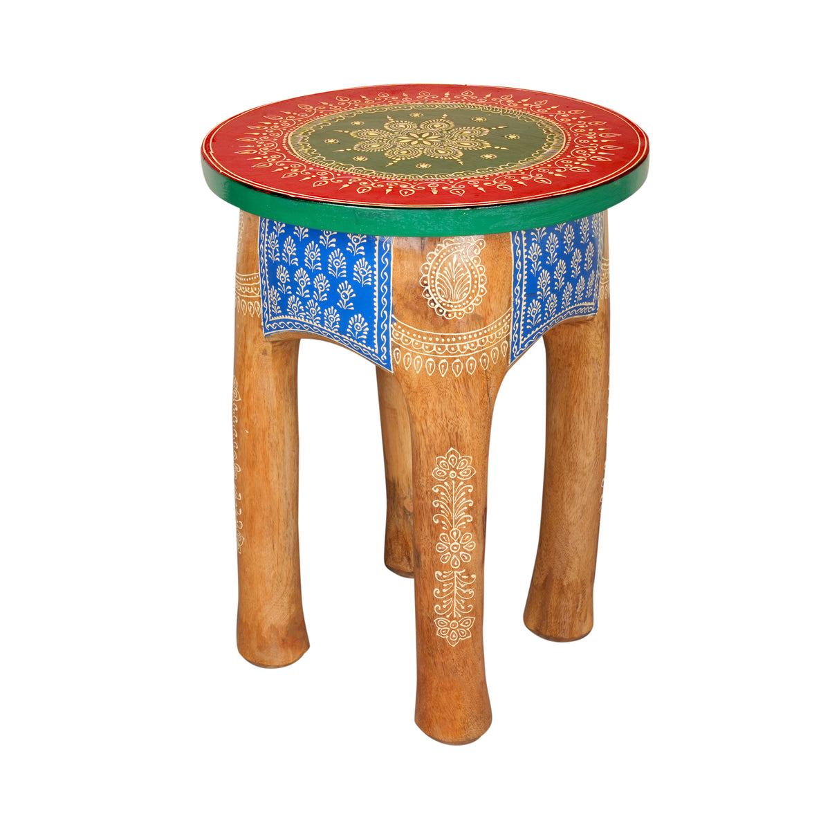 Handcrafted Rajasthani Wooden Stool – Vibrant Enamel Top