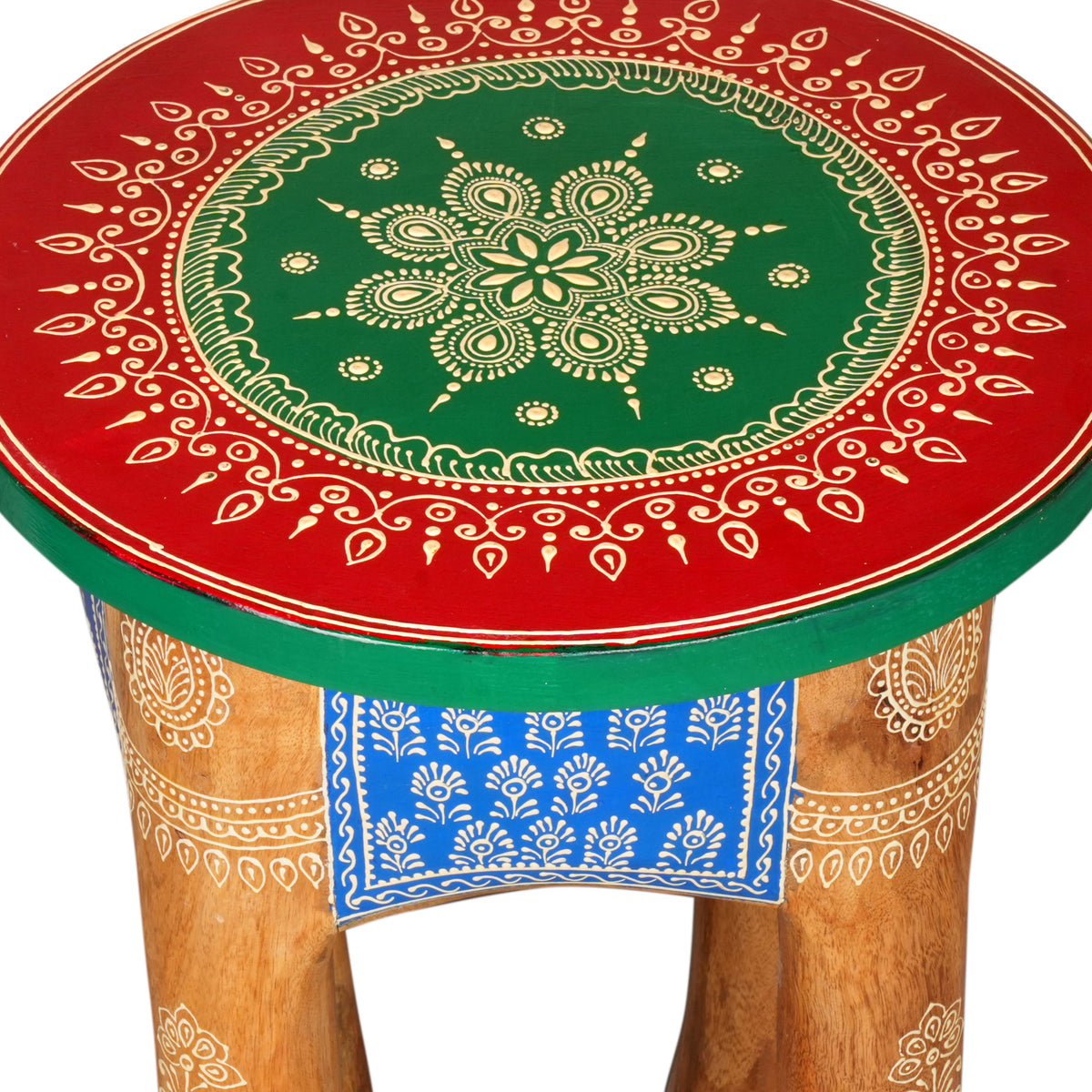 Handcrafted Rajasthani Wooden Stool – Vibrant Enamel Top