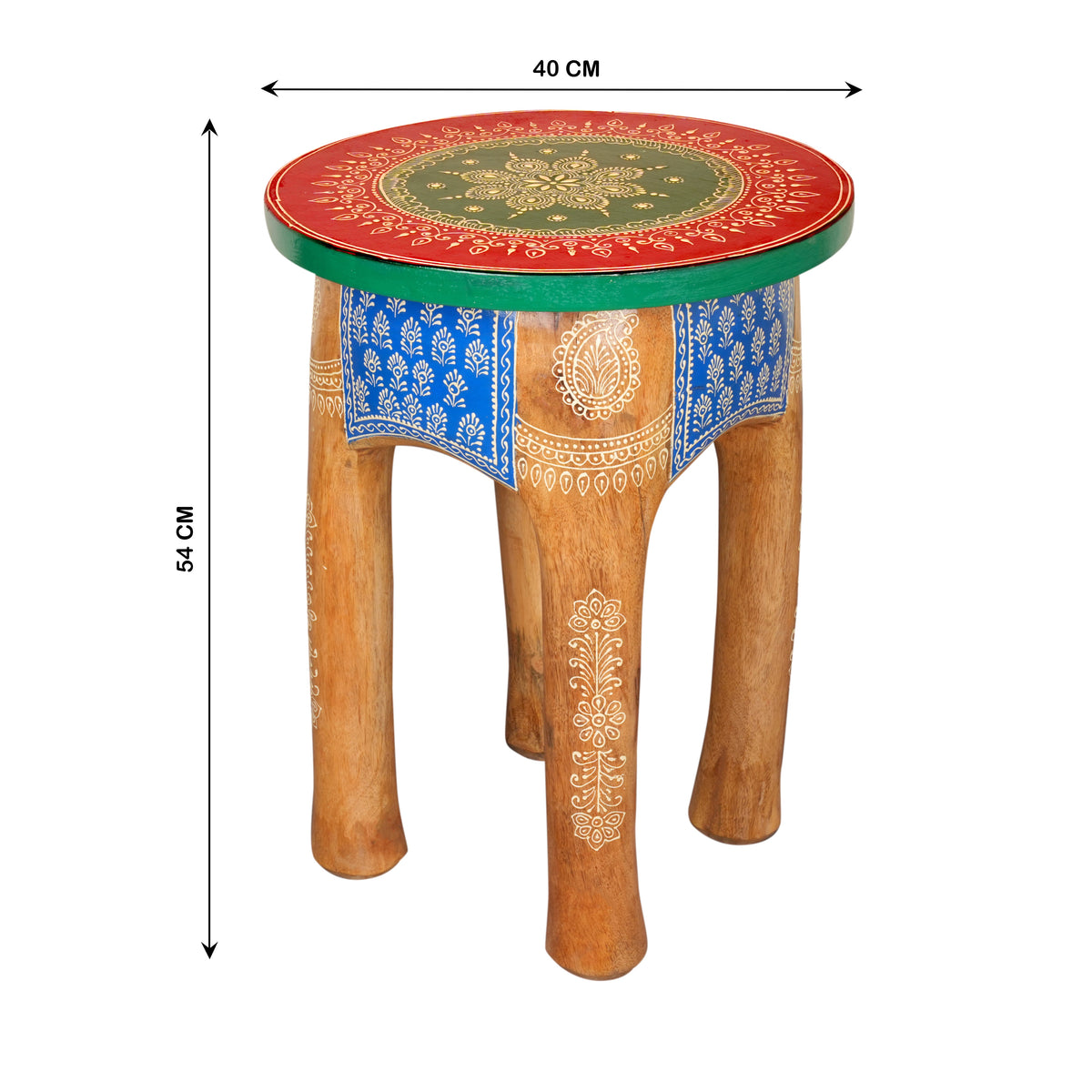 Handcrafted Rajasthani Wooden Stool – Vibrant Enamel Top