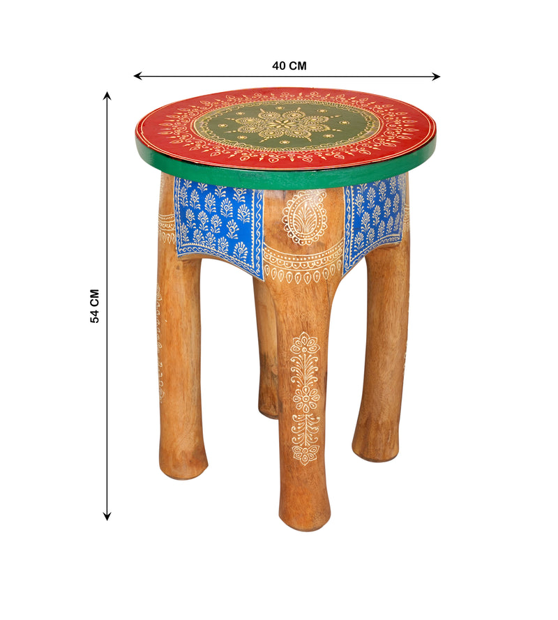 Handcrafted Rajasthani Wooden Stool – Vibrant Enamel Top