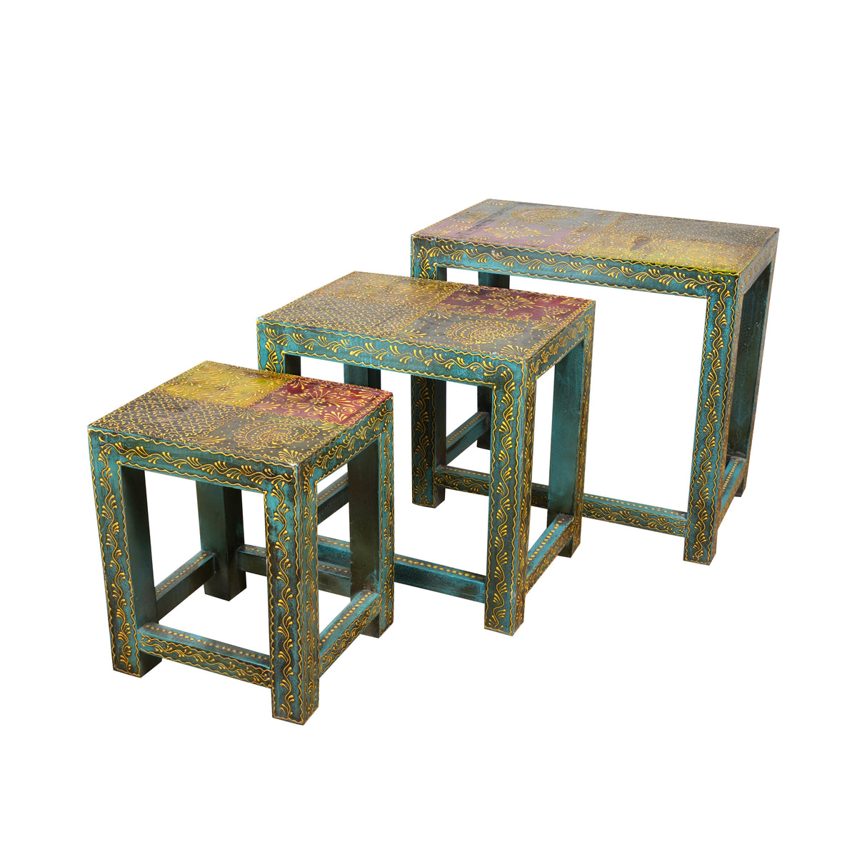 Antique Rajasthani Wooden Nesting Tables – Vibrant Turquoise & Gold Detailing