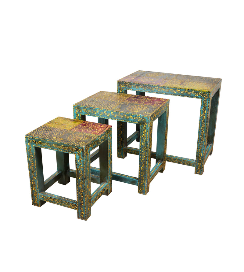 Antique Rajasthani Wooden Nesting Tables – Vibrant Turquoise & Gold Detailing