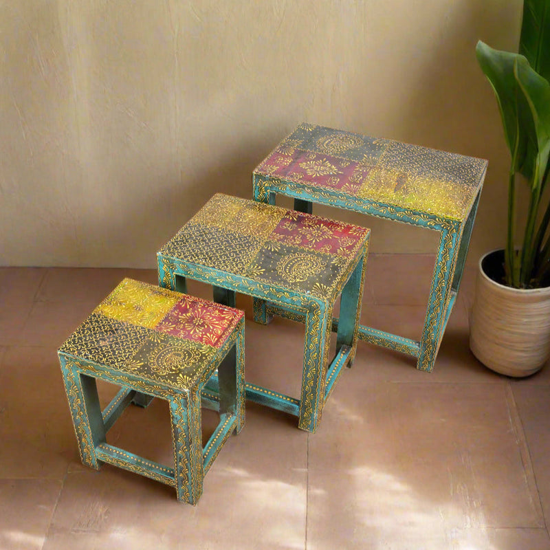 Antique Rajasthani Wooden Nesting Tables – Vibrant Turquoise & Gold Detailing