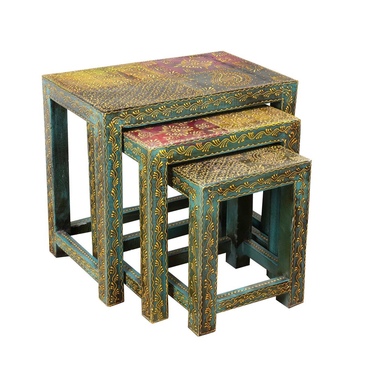 Antique Rajasthani Wooden Nesting Tables – Vibrant Turquoise & Gold Detailing