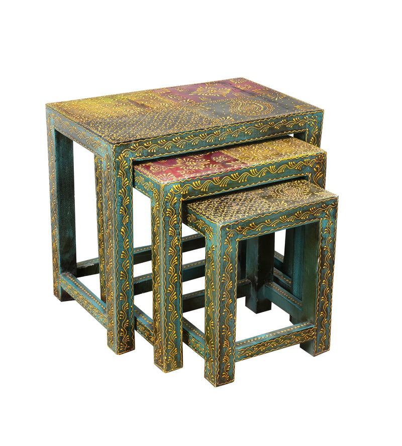 Antique Rajasthani Wooden Nesting Tables – Vibrant Turquoise & Gold Detailing