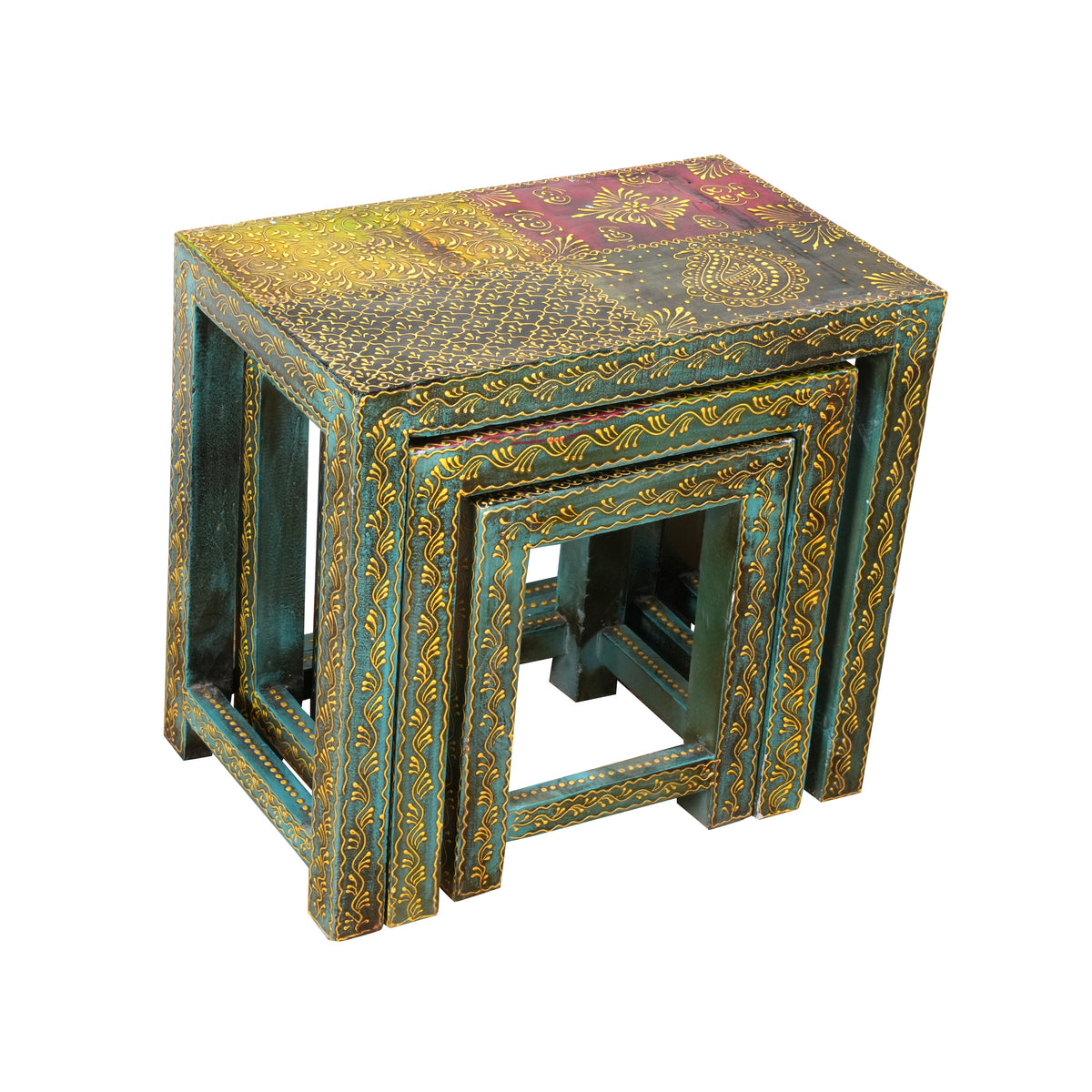 Antique Rajasthani Wooden Nesting Tables – Vibrant Turquoise & Gold Detailing