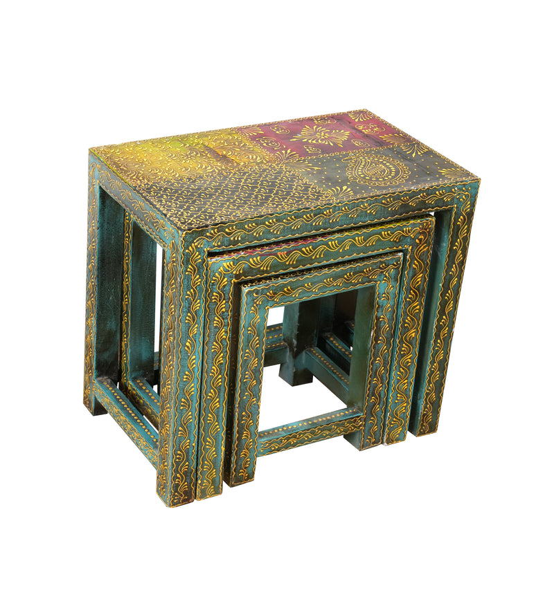 Antique Rajasthani Wooden Nesting Tables – Vibrant Turquoise & Gold Detailing