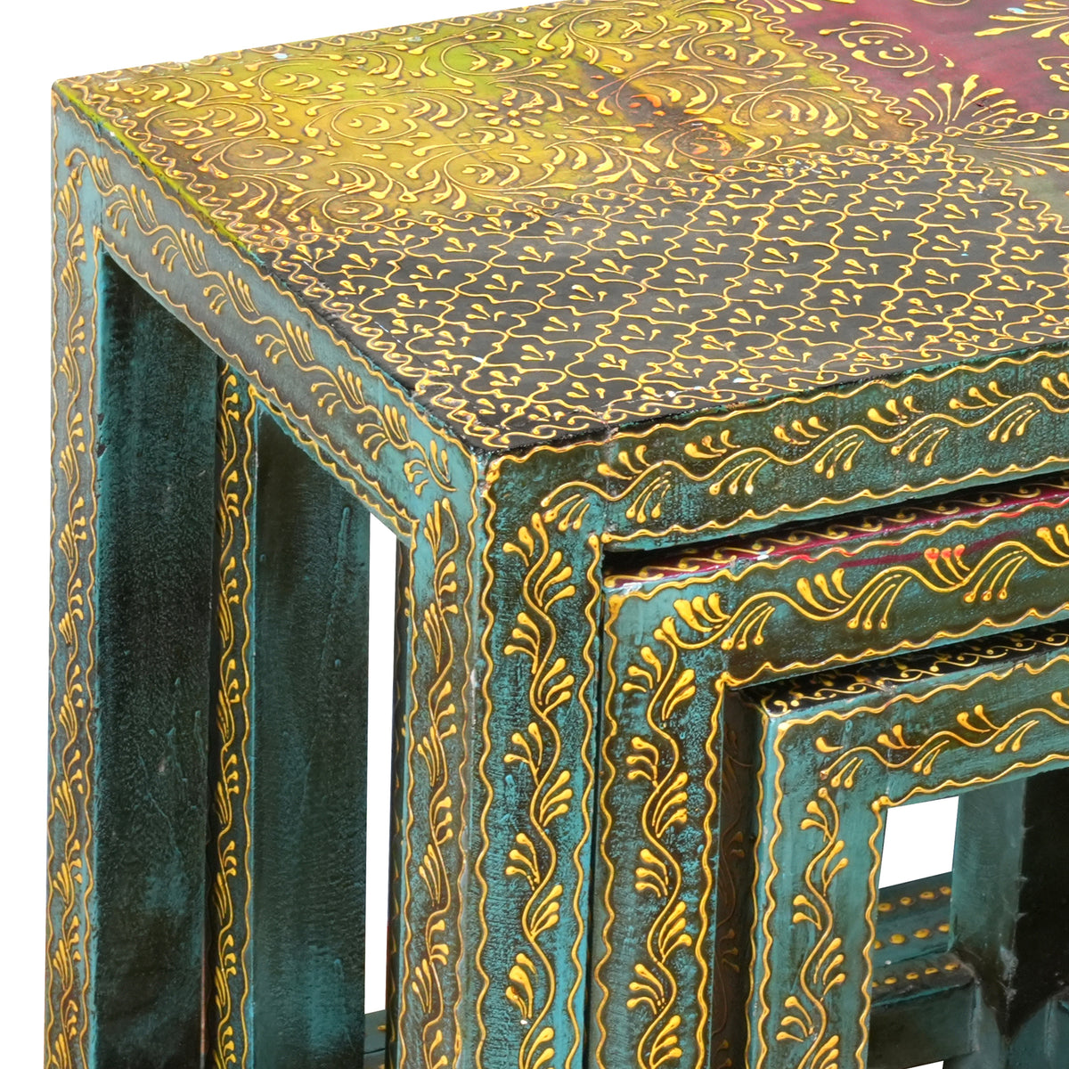 Antique Rajasthani Wooden Nesting Tables – Vibrant Turquoise & Gold Detailing