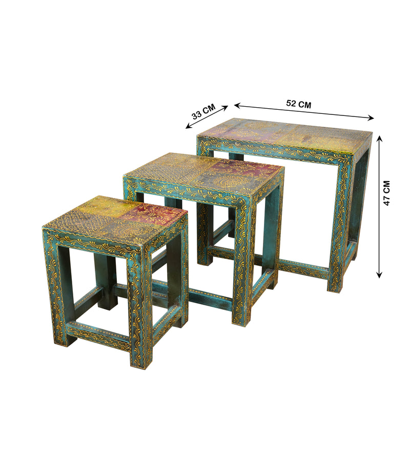 Antique Rajasthani Wooden Nesting Tables – Vibrant Turquoise & Gold Detailing
