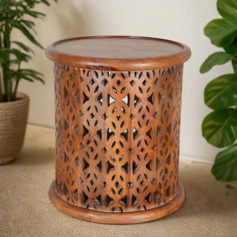 Handcrafted Wooden Stool with Intricate Cutout Design - A Global Art Piece