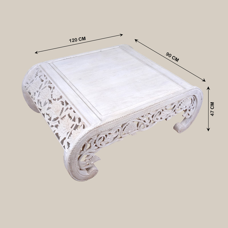Handcrafted Wooden Coffee Table with Intricate Carved Detailing