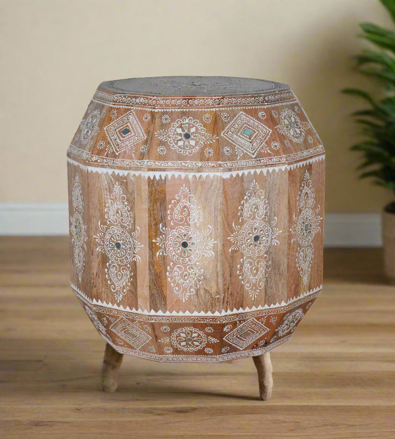 Handcrafted Mango Wood Accent Table with Intricate Detailing