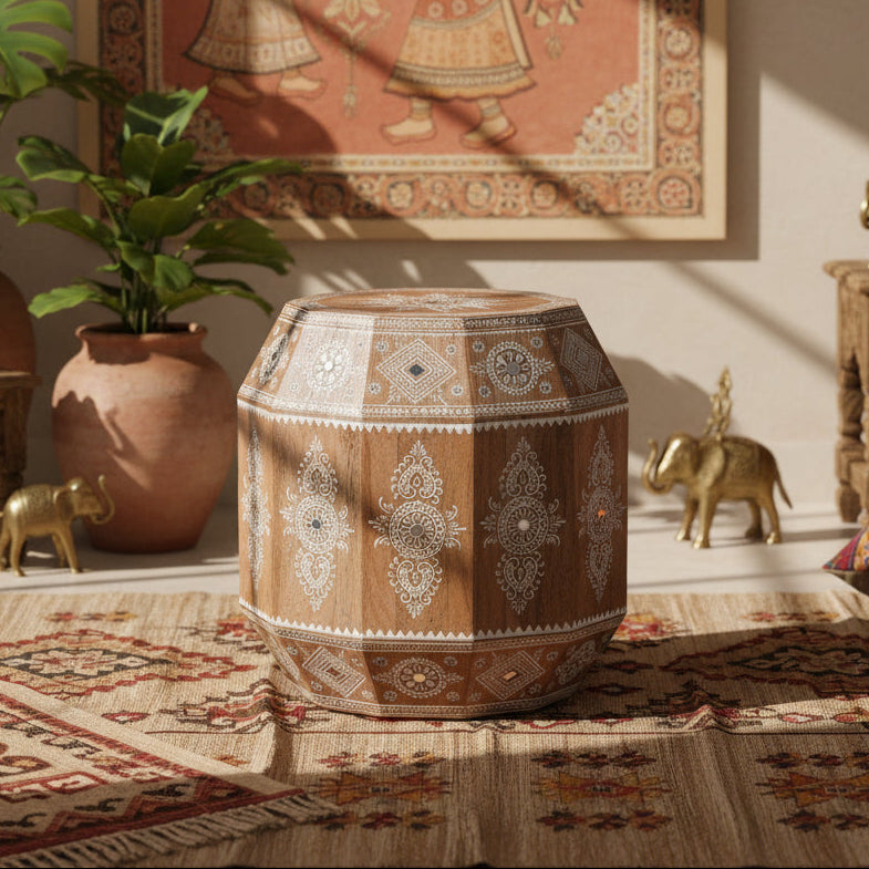 Handcrafted Mango Wood Accent Table with Intricate Detailing