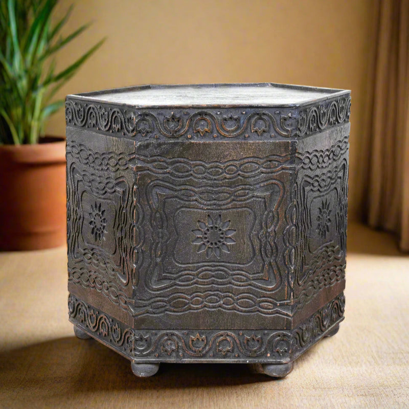 Wooden Decorative Cylinder/Stool with Intricate Carvings