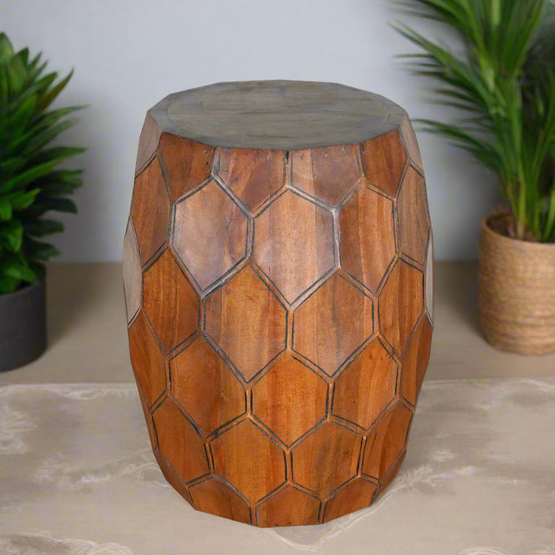 Handcrafted Mango Wood Stool with Geometric Panel Design
