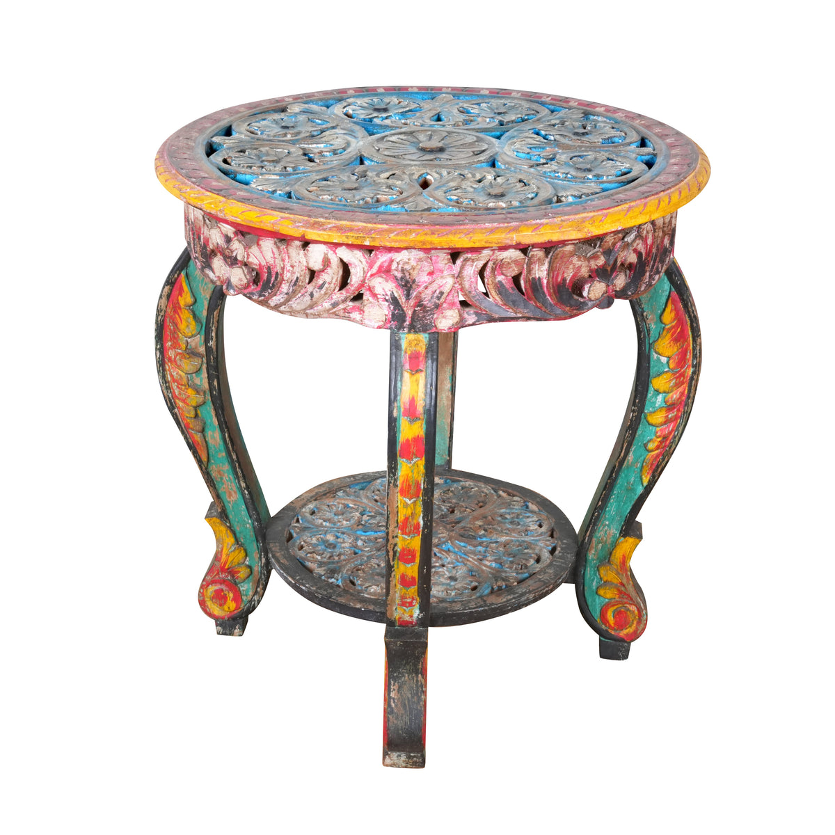 Antique Hand-Carved Wooden Table – A Vibrant Accent from Rajasthan