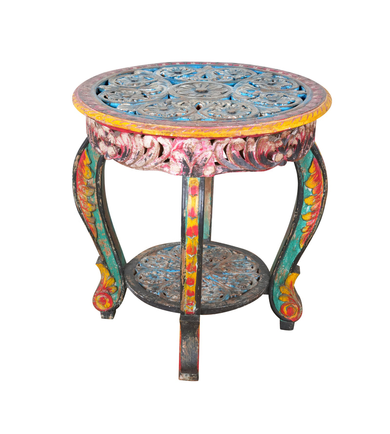 Antique Hand-Carved Wooden Table – A Vibrant Accent from Rajasthan
