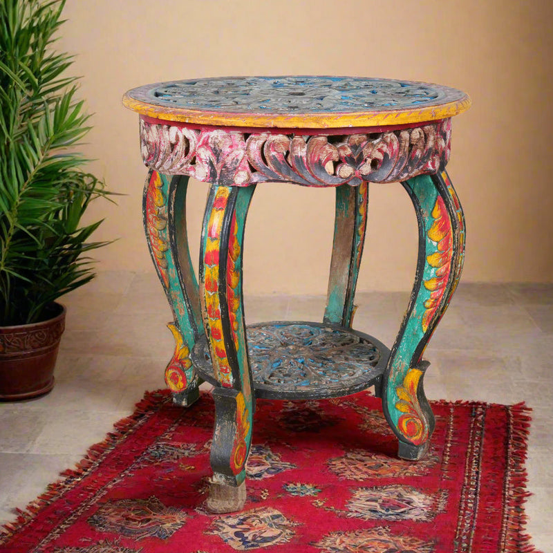Antique Hand-Carved Wooden Table – A Vibrant Accent from Rajasthan