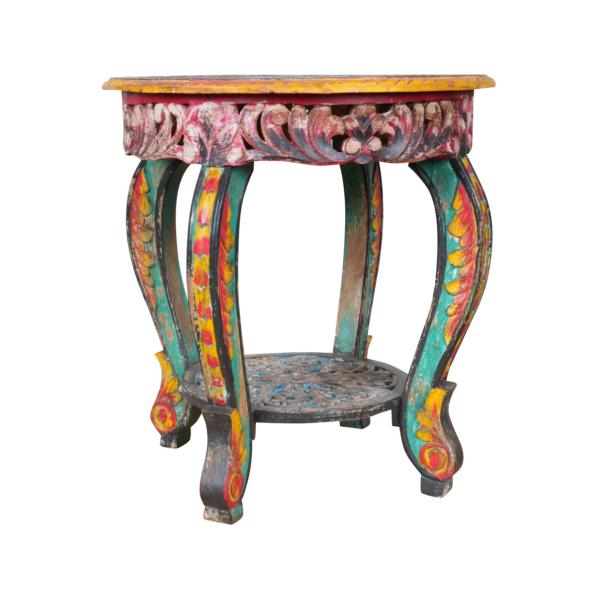 Antique Hand-Carved Wooden Table – A Vibrant Accent from Rajasthan