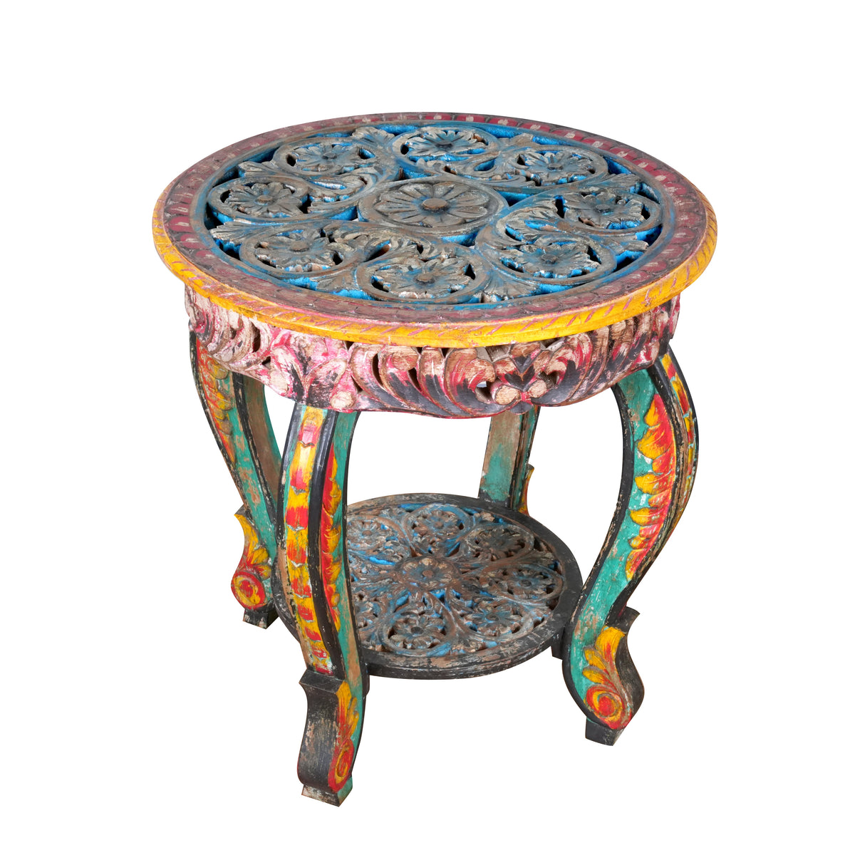Antique Hand-Carved Wooden Table – A Vibrant Accent from Rajasthan