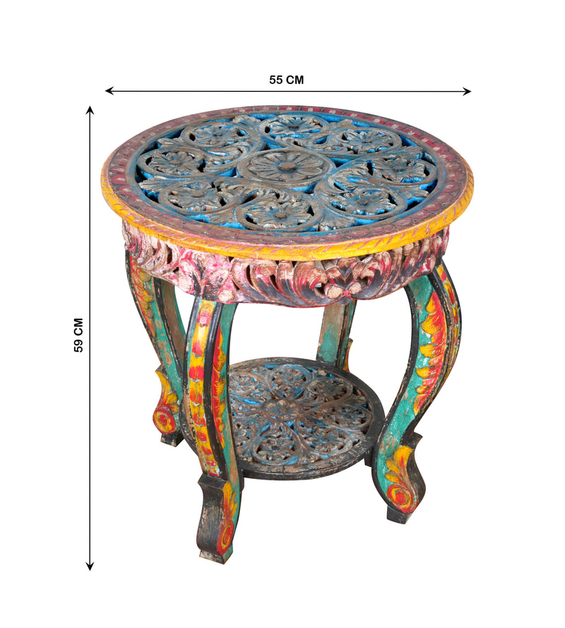 Antique Hand-Carved Wooden Table – A Vibrant Accent from Rajasthan