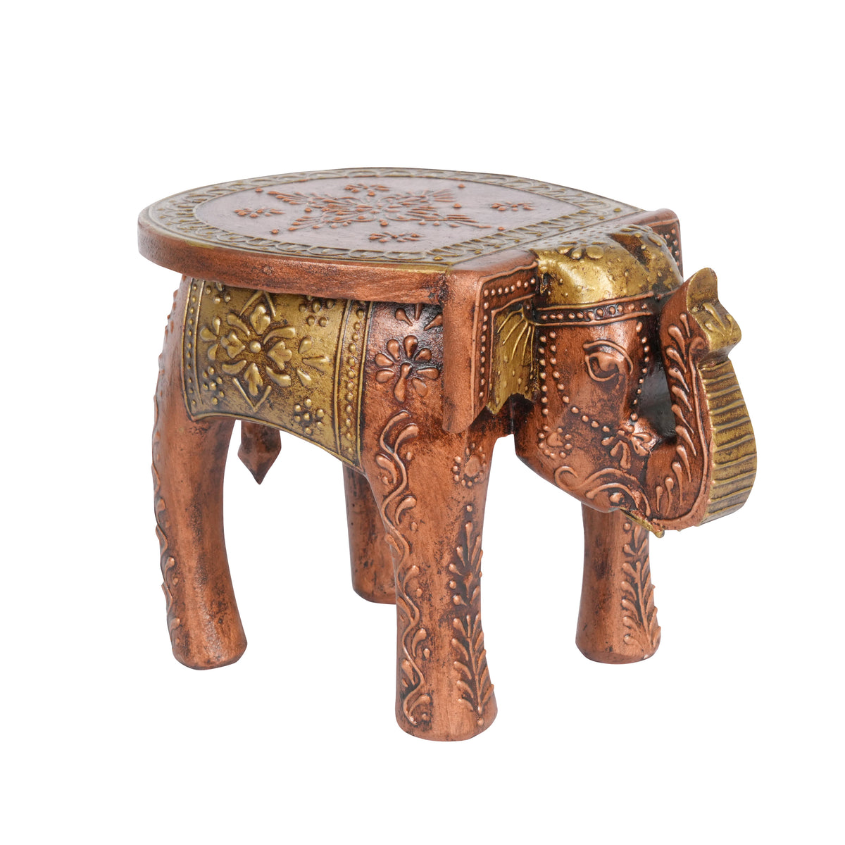 Handcrafted Elephant Stool – Rajasthani Design with Gold and Brown Finish