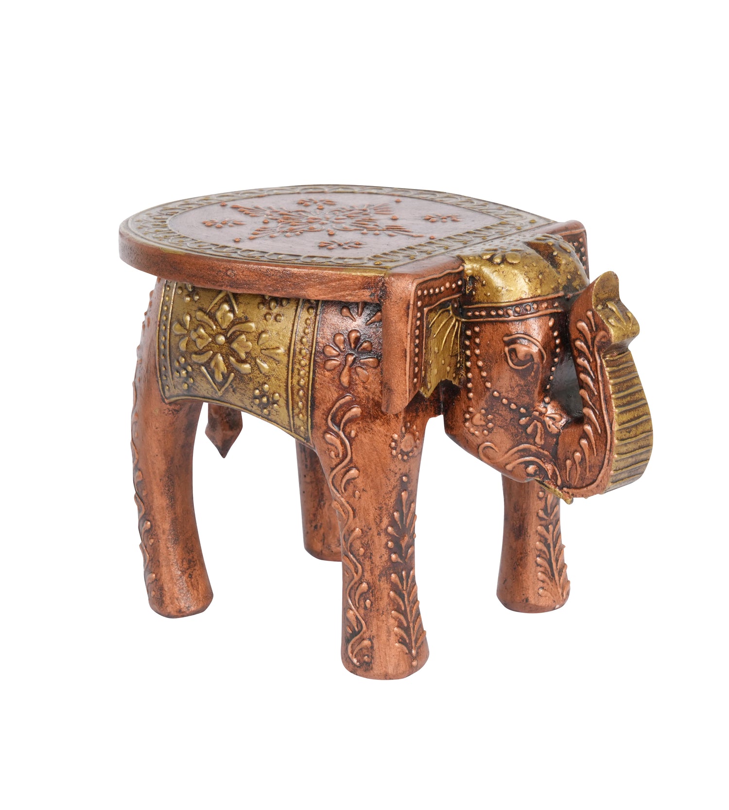 Handcrafted Elephant Stool – Rajasthani Design with Gold and Brown Finish