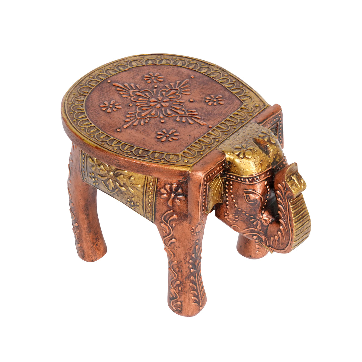 Handcrafted Elephant Stool – Rajasthani Design with Gold and Brown Finish